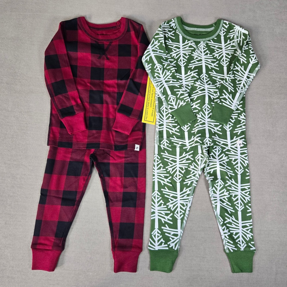 Pact Kids Pajama Sets - Red Plaid and Green Snowflake